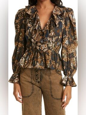 Ulla Johnson Kalila Ruffled Printed Cotton Blouse In Brown Size 6
